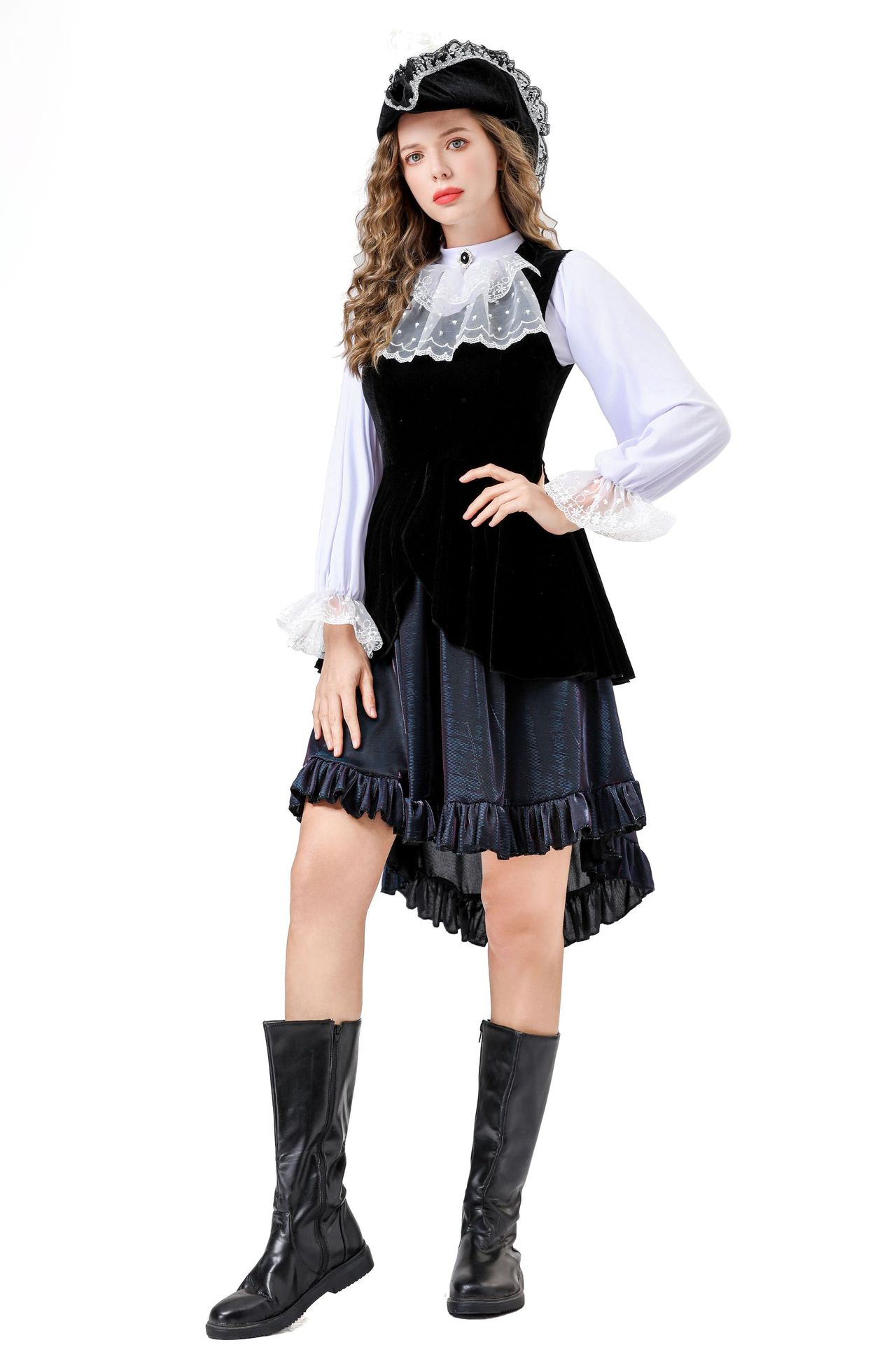Halloween Victorian Gothic Steampunk Costume Dress with White Lace Details